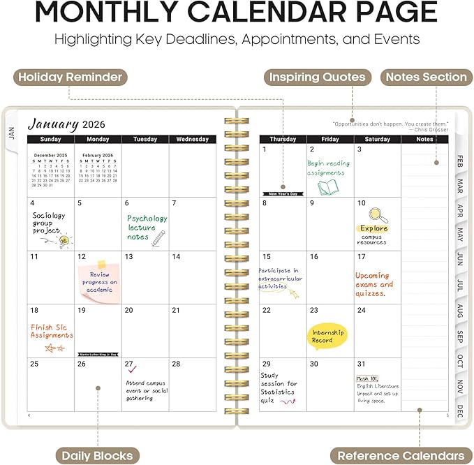 2026 Planner, Weekly and Monthly Calendar Planner for Women, Jan 2026 - Dec 2026, Hardcover Planning Agenda book with Tabs, Spiral Bound, Inner Pocket, Perfect for School Office Supplies, 6.3" x 8.5" - Gray