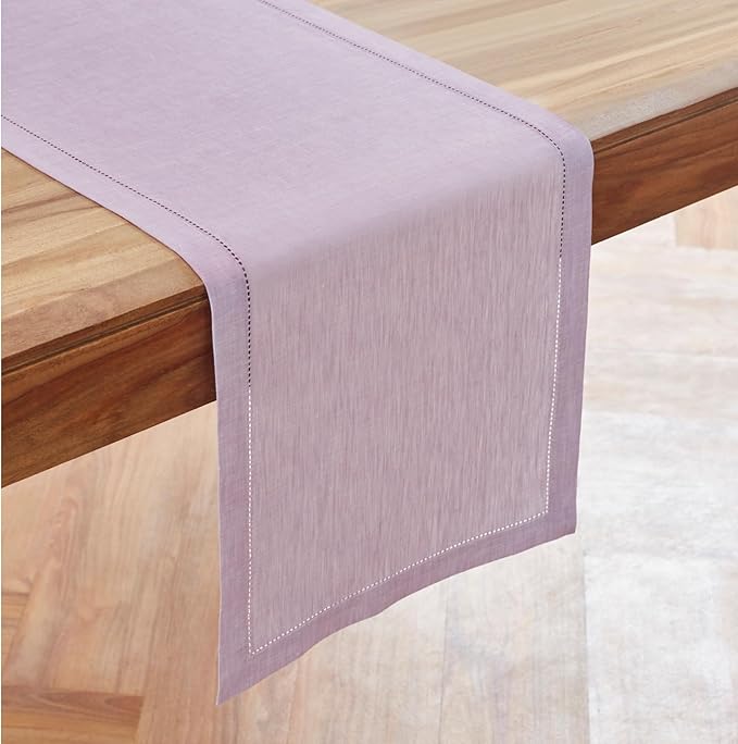 Solino Home Linen Table Runner 108 Inches Long - 100% Pure Linen Chambray Lavender Table Runner 14 x 108 Inch for Spring, Easter, Valentines - Milan Hemstitch