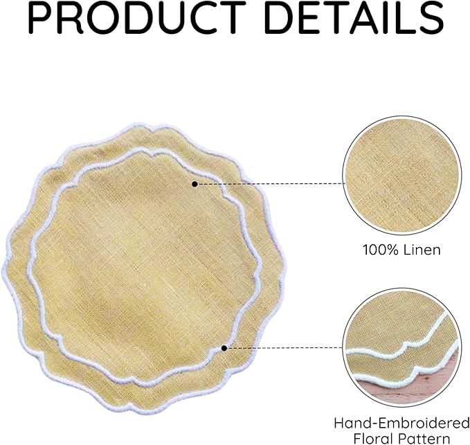 Drink Coasters Set of 6, 6x6 inch, Absorbent Linen Drink Mats with Scalloped Edge, Reusable Handmade Coffee Coasters for Home Decor & Tabletop Protection & Gift Giving (Butter)