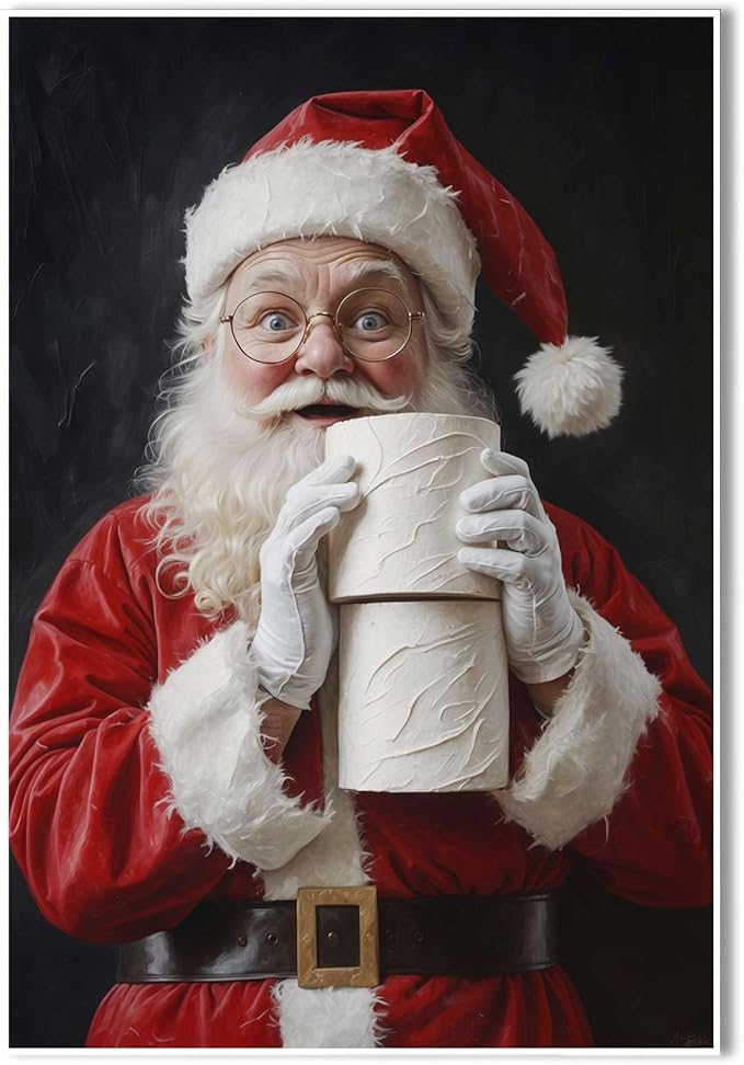 Santa Claus Canvas Print Santa with Toilet Paper Humorous Holiday Poster Holiday Evergreen Art Rural Art print Christmas Bathroom Canvas Painting Indoor Decor for Home Bathroom Living Room Funny
