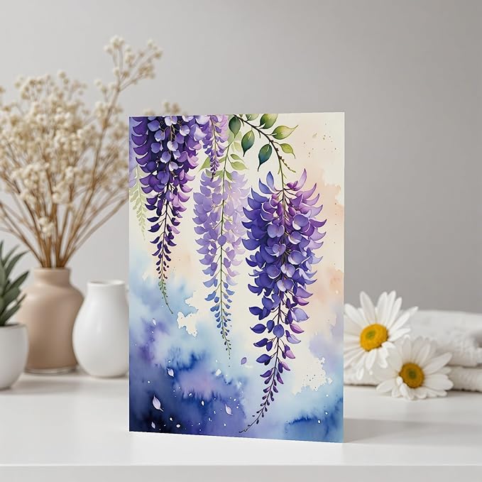 5x7 Inch Blank Inside Greeting Card with Envelope, Watercolor Wisteria Greeting Card for All Occasion – Birthday, Sympathy, Thank You - Single Card