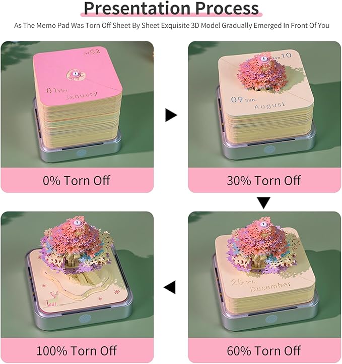 3D Time Piece Calendar 2026 3D Tear Away Art Memo Pad Notepad Desk Calendar with Light,3D Art Calendar Desktop Decoration Gift for Christmas (Colorful Tree)