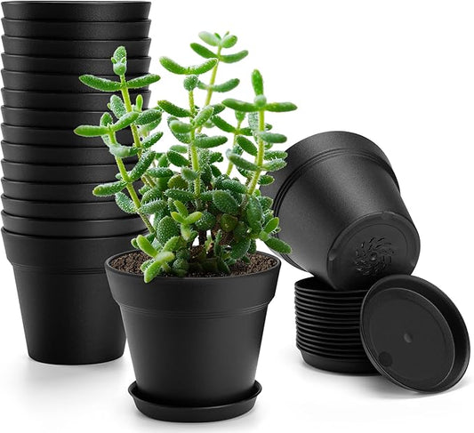 16 Pack Plastic Plant Pots with Drainage Holes and Tray, 4 inch Thickened Indoor Planters Seedlings Nursery Pots for Flowers, African Violet, Succulent and All House Plants, Black
