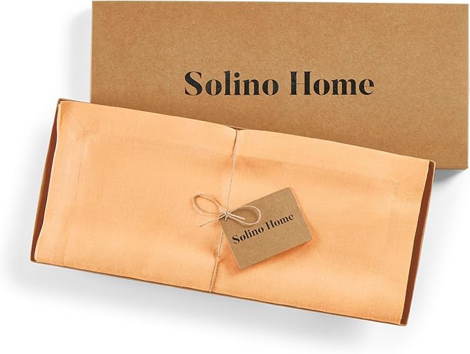 Solino Home Linen Peach Table Runner 48 Inches - 100% Pure Linen Short Table Runner 14 x 48 Inch Ideal for Dresser and Coffee Tables, Valentines, Spring, Easter - Fete