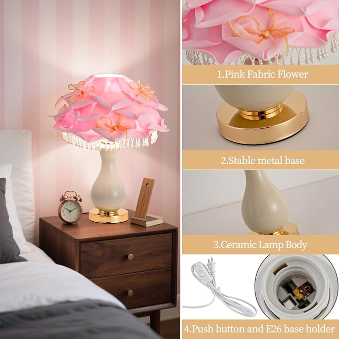 Pink Flower Lamp Nordic Rose Flower Table Lamp Modern Ceramic Nightstand Light Romantic Princess Bedside Lamp for Girl Wedding Valentines Christmas Gift Deco Bedroom Living Room Entry
