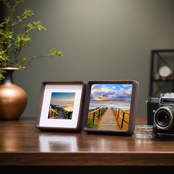 HELPLEX 5x5 Square Picture Frame – 2 Pack Solid Walnut Wood with Real Wood Back & HD Tempered Glass, 4x4 Matted or 5x5 Unmatted, Tabletop or Wall Display – Rustic Home Decor & Gift
