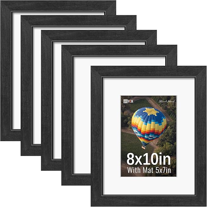 VCK 8x10 Picture Frames Black Set of 5, Wide Border Wood, Tempered Glass, Display 5x7 Photo with Mat or 8 x 10 without, for Home, Office, Gallery, Woodgrain Series, Tabletop & Wall Hanging