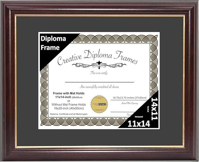 Creative Picture Frames 11x14 Mahogany Gold Rim Diploma Frame with Black Mat Glass and Installed Wall Hangers | Frame Holds 16x20 Media without Mat