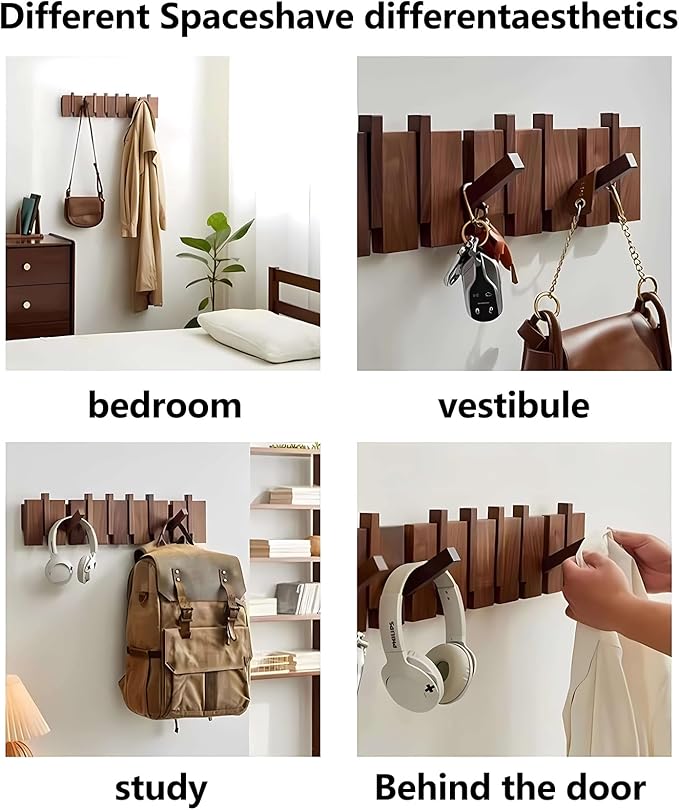 Wall Mounted Coat RackHooks Piano Key Hangers Natural Solid Wood Hanger Non-Woven Fabric Clothes Hangers for Closet, Kitchen, Bedroom, Bathroom, Entryway (Innovate-Beech, 8 Hooks)