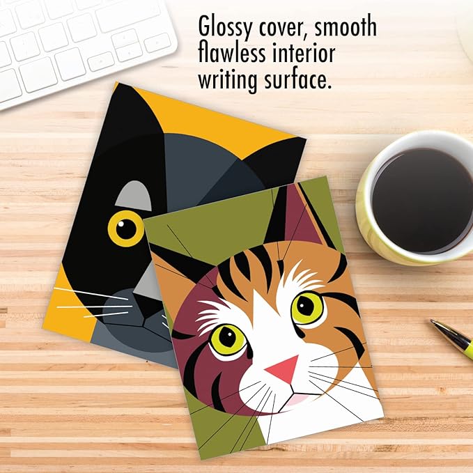 The Best Card Company - 10 Adorable Blank Cat Cards (4 x 5.12 Inch) - Cute Pet Kittens, Assorted Bulk Notecard Set - Cubic Cats M6730OCB