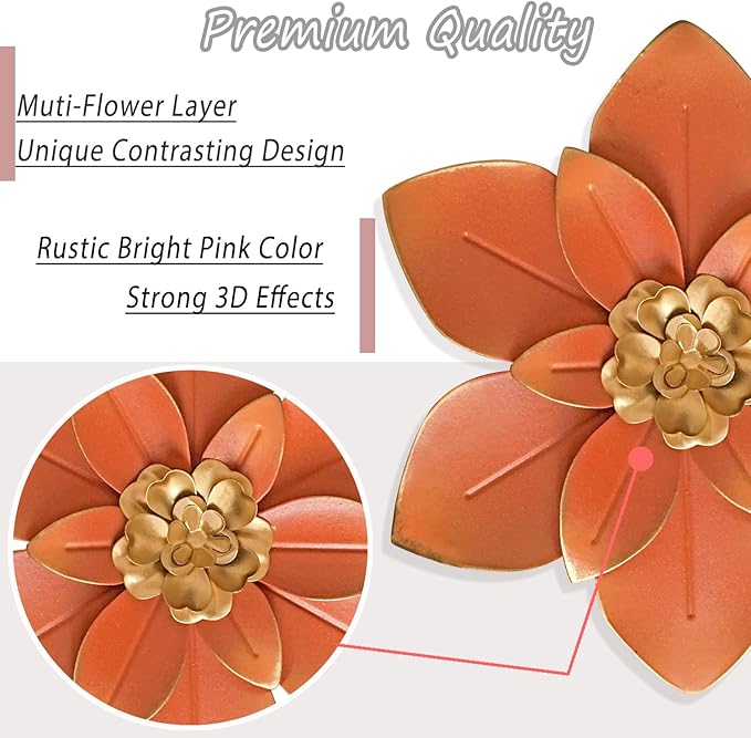 Metal Flower Wall Art Decor, 10“ Rustic Modern Floral Sculpture, Distressed Iron Wall Hanging Home Decoration Accent Artworks for Indoor Kitchen Bedroom Living Room Office Outdoor Garden Patio