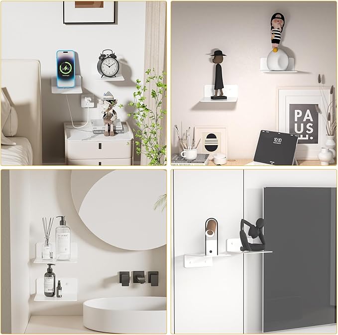 Small White Shelves for Wall, 4.92 Inch Metal Floating Shelves for Echo, Cameras, Small Speaker, Adhesive Display Ledges, No Drilling Wall Shelves for Bathroom, Living Room, Bedroom, 2 Pack