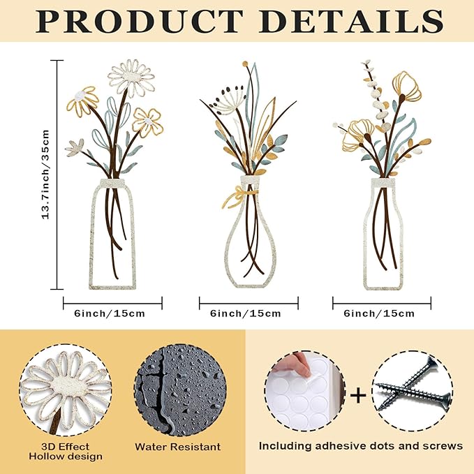 Pigort 3 Pieces Metal Flowers Wall Art- Rustic Farmhouse Decor Minimalist Decor for Living Room Bathroom Bedroom Dining Room, Housewarming Gifts Christmas Decoration(Beige, Vase-C)