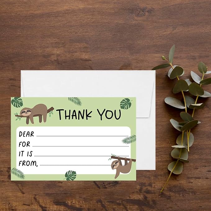 Andaz Press Kids Fill in the Blank Thank You Cards - 20 Cards Including Envelopes Sloth Gender Neutral Note Cards For Boys Girls Birthday Party Thank You Notes for Friends, Family, and Party Guests