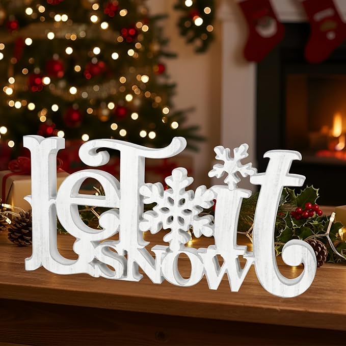 Let It Snow Decorations, Snow Wooden Christmas Table Centerpiece Sign, Tiered Tray Decor for Xmas Winter Holiday Home Decor (Retro)