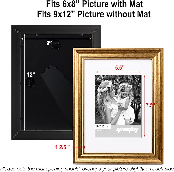 Yaetm Gold 9x12 Picture Frame Matted to 6x8 Set of 4, 1.4” Wide Molding & Rustic Gold Photo Frames 9 x 12 with Tempered Glass, Display on Tabletop & Wall Mounting, 4 Pack