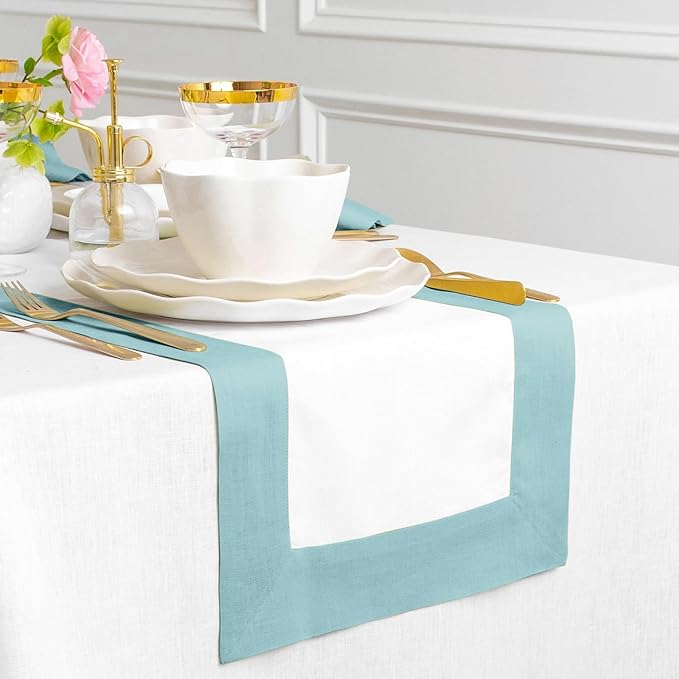 Solino Home Linen Table Runner 90 Inches Long - Aqua Blue and White 100% Pure Linen 14 x 90 Inch Table Runner for Dining, Winter, Spring, Easter - Contempo