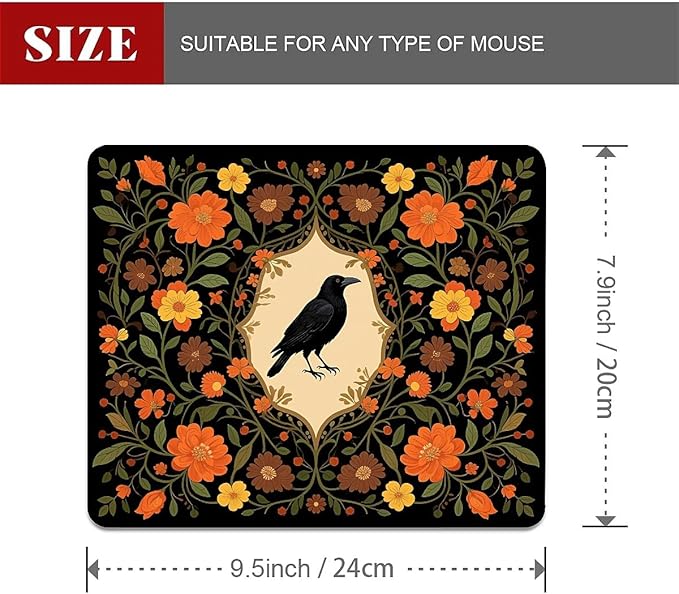 Square Mouse Pad Crow Flower, Personalized Premium-Textured Custom Mouse Mat Design, Washable Mousepad Cloth, Non-Slip Rubber Base Computer Mouse Pads for Wireless Mouse
