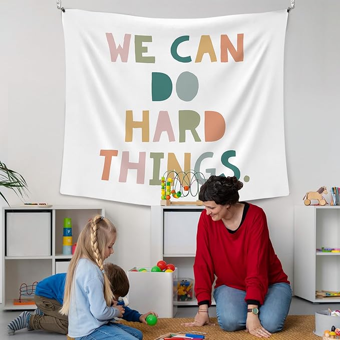 XLDLIOO Boho Classroom Tapestry, We Can Do Hard Things Inspirational Wall Tapestry Hanging for Bedroom, Inspirational Tapestries Decor Art for Kids Room Classroom Playroom, 50x60in