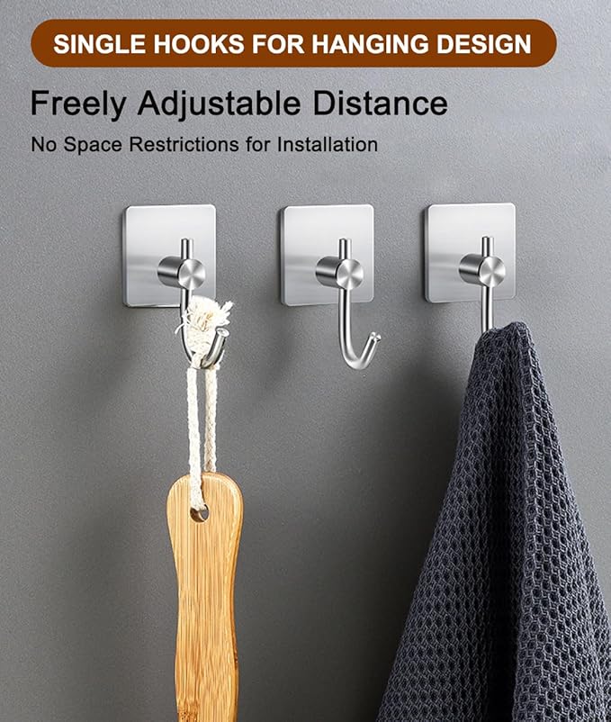 Self Adhesive Towel Hooks for Bathrooms, Sturdy Wall Hooks for Walls No Damage, Waterproof Rustproof Stainless Steel Sticky Hooks for Hanging Shower, Bathroom, Kitchen, Robe, Coat, Silver