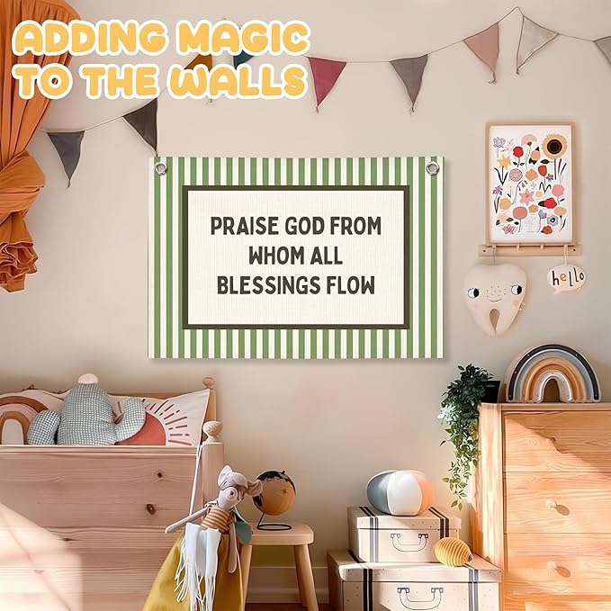 Christian Nursery Decor, Kids Room Decor Linen Canvas Banner,Green Bedroom Wall Hanging Decor for Kids Room Playroom Classroom Homeschool Art, 30x20 Inch