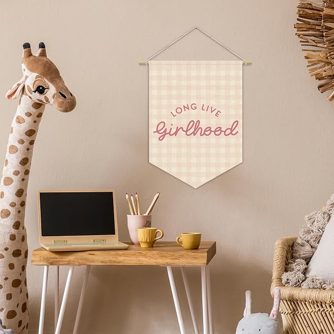 Girl Nursery Decor, Long Live Girlhood Linen Canvas Banner, Pink Checkered Preppy Girly Wall Hanging Pennant Flag Banner for Girls Nursery Kids Toddler Room Bedroom Dorm Decor, 15x11in