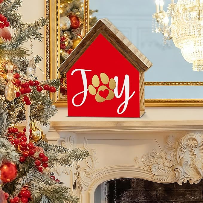 Joy Christmas Sign Decorations, Dog Paws House Shaped Wooden Sign, Rustic Christmas Decor for Farmhouse Home Office