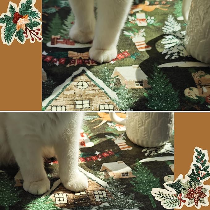 jinchan Christmas Rug 8x10 for Living Room Bedroom Green Holiday Decorative Rug for Dining Room Christmas Tree and Cabin Printed Large Xmas Decor Indoor Washable Non Slip Floor Carpet