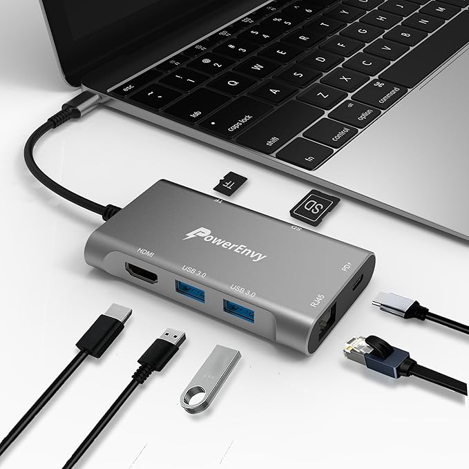 USB C HUB,7-in-1 USB Adapter Multiport Data HUB with 60W Type C Charging 5Gbps 2 USB A 4K HDMI 1000M Ethernet TF/MicroSD Data Transfer Port for MacBook,iPad Pro/Air,XPS,MateBook,More