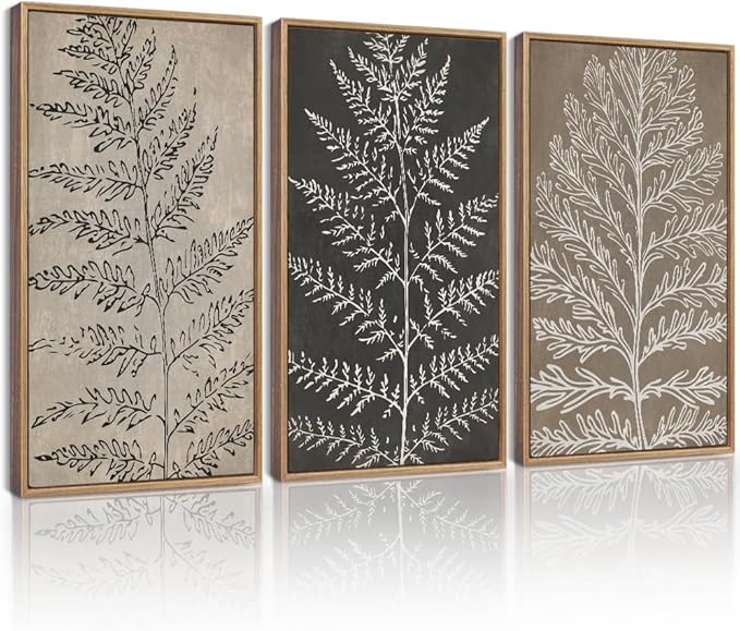 KUVIOKE Vintage Botanical Framed Wall Art Bohemian Tan Plant Leaf Wall Decor Nature Fern Plant Silhouette Wall Painting Home Decor 16x24in (Natural Framed)