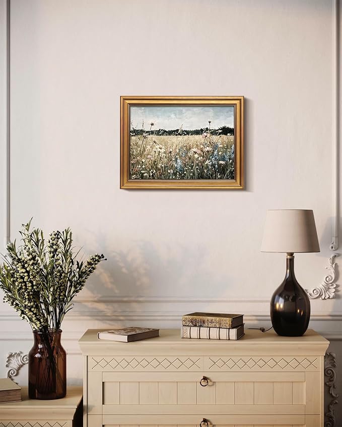 Bzstyleart Vintage Wall Art Decor for Living Room, Framed Landscape Wall Art Bedroom, Meadow with Flowers,Vintage Room Decor,Paintings for Bedroom,12 x 16 Inch