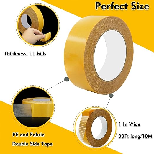 Double Sided Fabric Tape Heavy Duty Mounting Tape 1" x 33FT Resistente Clear Super Stick Tape with Fiberglass Mesh High Tack Strong Adhesive for Clothes Carpet Arts