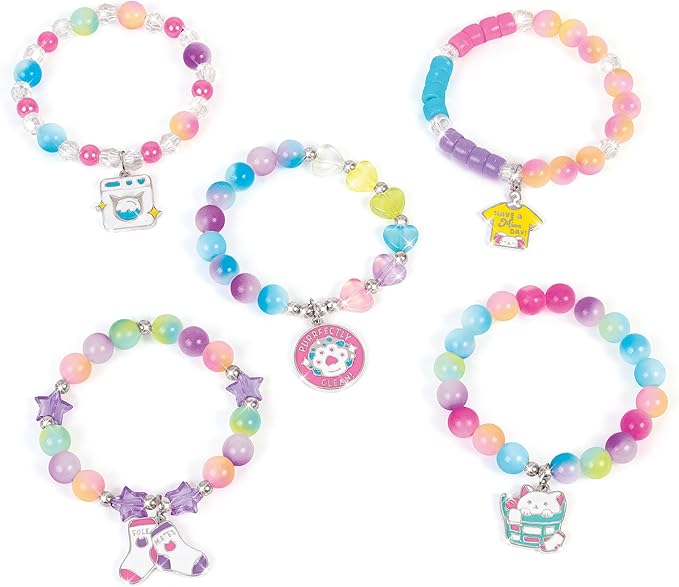 Make It Real: Purr-FECT Wash 'N Bead Bracelets - 141pc, DIY Jewelry Craft Kit, Design-Make 5 Charm Bracelets, Spin to Style, Bead Cleaning, Kids 8+