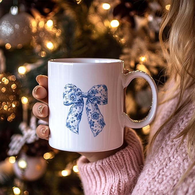 Chinoiserie Bow Coffee Tea Mugs, Coquette Grandmillennial Bows Ceramic Coffee Mug, Vintage Blue Coffee Cup, 11oz Ceramic Cup White