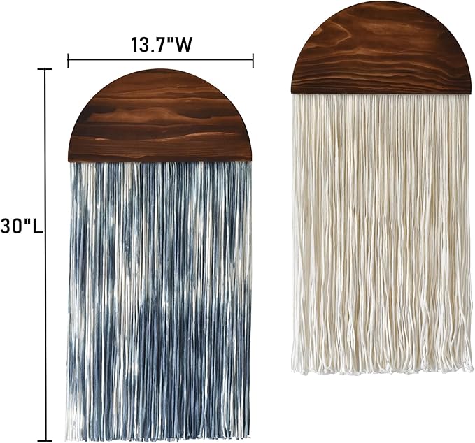 2 Pcs Tie-dye Macrame Wall Hanging Boho Home Decor, Blue White Yarn Tassel Wall Art with Modern Wood Frame, Semicircle Design 13.7" W x 30" L Perfect for Living Room Bedroom Headboard Decoration