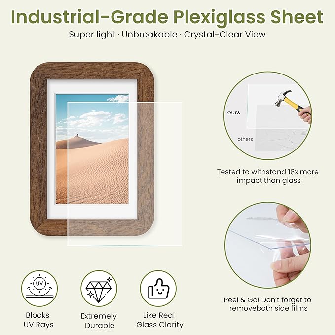 Dreamland 4x6 Picture Frame, Solid Oak Wood Photo Frame with Mat for 3.5x5, Round Corner 4 x 6 Matted Picture Frames with Resistant Plexiglass for Wall Mounting or Tabletop, Walnut Color, Set of 1