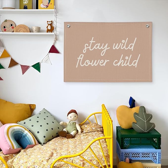 Pink Girls Room Nursery Decor, Stay Wild Flower Child Linen Canvas Banner Wall Hanging Flag Decor for Little Toddler Baby Girls Room Playroom, Baby Shower Girl Decorations