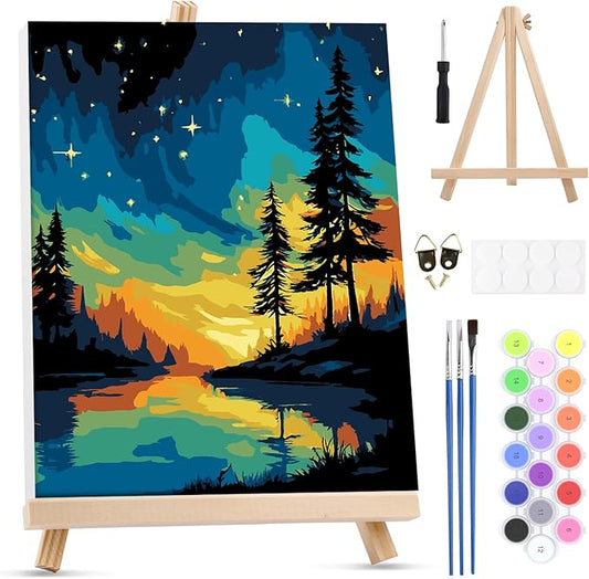 MXJSUA Starry Sky Framed Paint by Numbers for Adults Beginners, Easy Adults' Paint-by-Number Kits on Canvas with Easel, Landscape Acrylic Number Painting Crafts Kits Gifts for Home Decor, 8x10inch