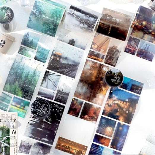 4 Rolls Washi Tape Set Dark Cloudy Rainy Day Landscape Scrapbook Tape Pretty PET Tape Stickers for Journaling Junk Journal Decorative Tapes for Crafts, Vintage Washi Stickers Scrapbooking Supplies