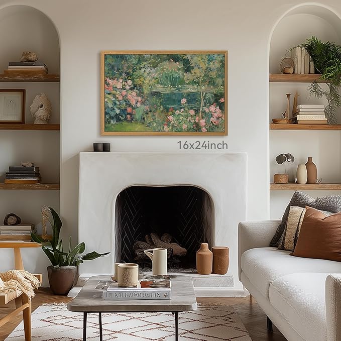 CAZLOUC Vintage Floral Wall Art, Rose Garden Pond Still Life Wall Decor, Retro Romantic Flower Poster Print, Impressionist Botanical Landscape Painting for Bedroom Office Wood Framed 16x24 Inch