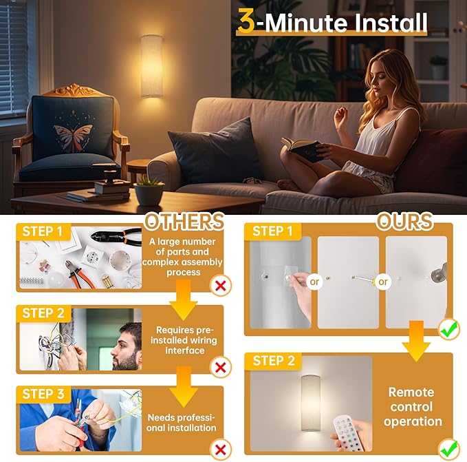 Adhesive Battery Operated Wall Sconce Set of 2, 5000 mAh Battery Rechargeable Bulb with 12 RGB Colors, Stick on Wall Sconce No Drill Wall Lights, Linen