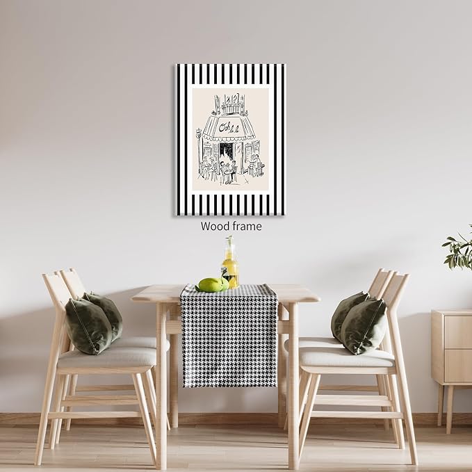 Black and White Stripe Sketch Wall Art French Paris Cafe Aesthetic Poster Funky Minimalist Canvas Prints 24X36 inch Framed for Kitchen Coffee Bedroom Wall Decor