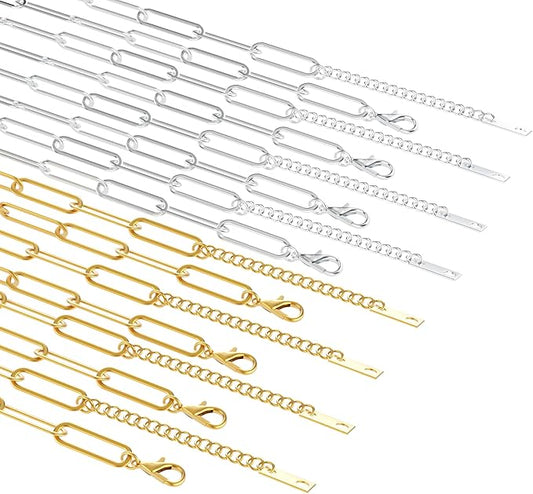 16 Pack 4mm 18K Gold Plated Paperclip Charm Necklace Chains Bulk for Jewelry Making 18Inch 18K Gold Plated and Stainless Steel Necklace Chain with 2 Inch Extension Chain for Women