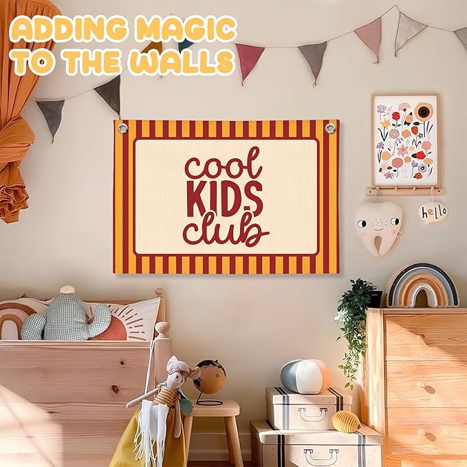 Boys Room Decor,Cool Kids Club Linen Canvas Banner, Orange Striped Wall Hanging,Playroom Decor Wall Flag Banner for Kids Room Nursery Toddler Boy Bedroom Classroom,Baby Shower Gifts 30x20 Inch