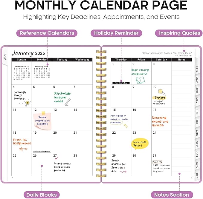 2026 Planner, Monthly and Weekly Calendar Planner for Women, Jan 2026 - Dec 2026, Hardcover Pretty 2026 Agenda Planner Book with Tabs, Spiral Bound, Perfect for School Office Home Supplies, 6.3" x 8.5" - Boho Purple