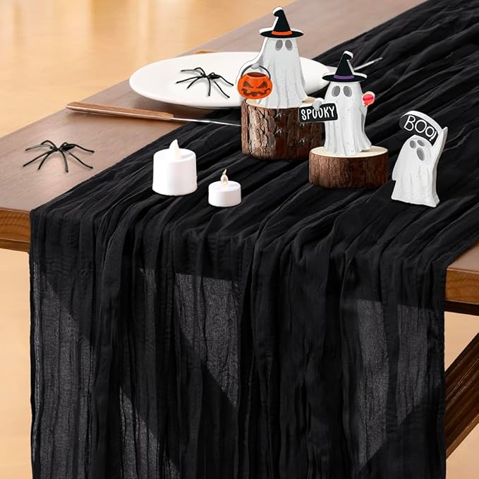 Socomi Black Halloween Table Runner Boho Rustic Gauze Valentine's Day 120 inch 10FT Cheese Cloth Runner for Wedding Party Baby Shower Birthday Home Decor Holiday Decorations