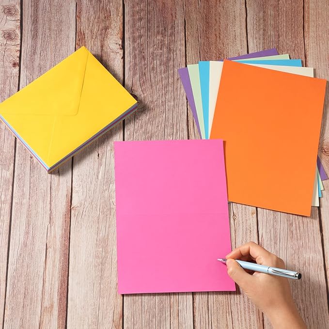 50 Pack A6 Colorful Envelopes with 4x6 Blank Heavy Colored Folded Cardstock and Gold Stickers for Greeting Cards, Wedding, Birthday Party, Baby Showers, Invitations (4x6)