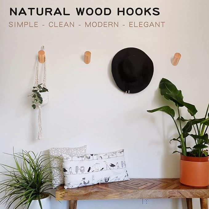 Wall Hook 4 Pack, Wood Coat Hat Hooks Wall Mounted, Modern Wooden Hooks for Hanging Coats Towels Planter Hanger Robe Hook Entryway Wall Coat Rack (Beech Wood)
