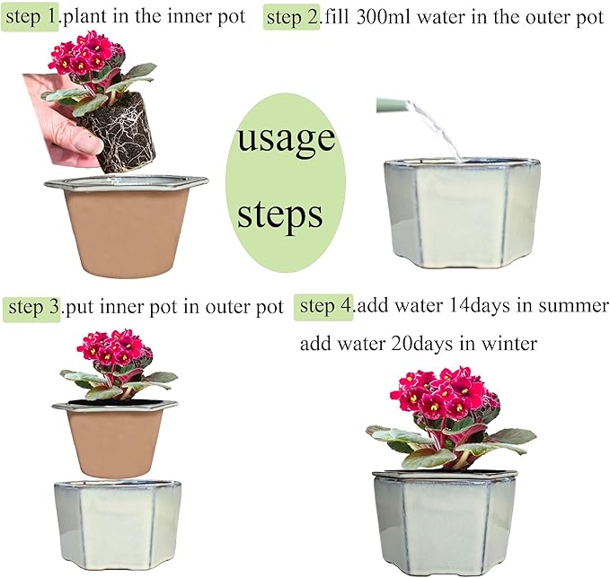 African Violet Pots 6 inch Hexagon Self-Watering Ceramic Violet Pots 4.50'' Opening (Cream White)