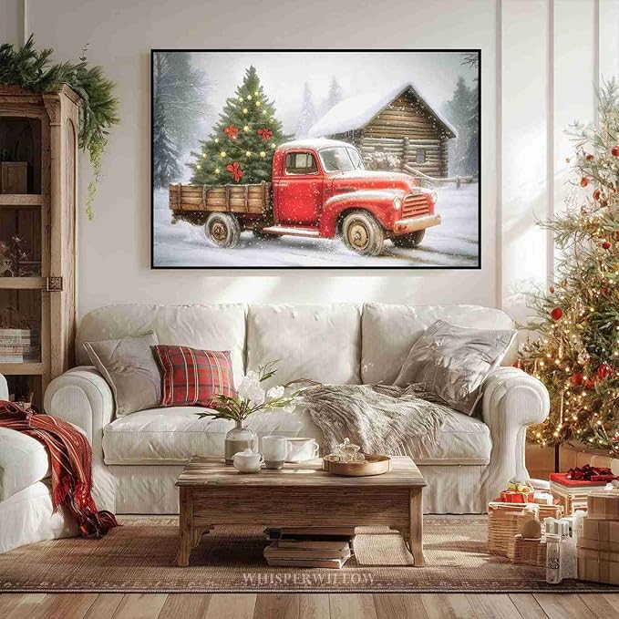 Red Truck Christmas Tree Vintage Holiday Wall Art Winter Snow Scene Poster Nostalgic Truck Canvas Print Indoor Decor for Home Living Room Bedroom Office Dining Room Farmhouse Framed Ready to Hang